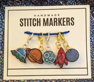 Outer Space Stitch Markers - Set of 5 Astronomy Progress Keepers with Holographic Glitter for Knitting and Crochet