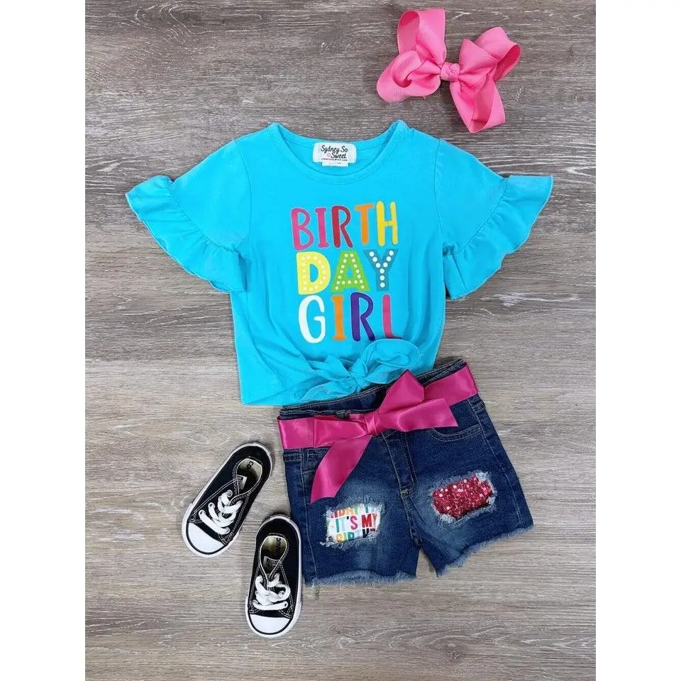 Birthday Girl Rainbow Flutter Short Sleeve Tie Top & Sequin Denim Patch Girls or Toddler Birthday Party Shorts Outfit Set