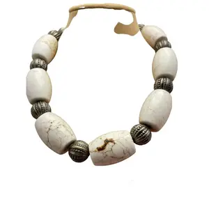White Magnesite Necklace with Marbled Brown Beads and Metal Accents 15 Inches Long 14x12 Inches Size 0.22lbs Weight 10g Volume