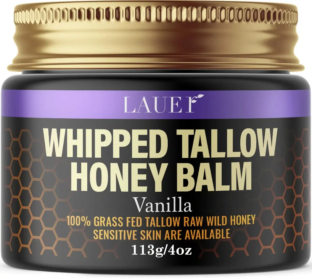 LAUER Whipped Tallow Moisturizing Balm with 100% Grass-Fed Beef Tallow & Raw Wild Honey, Vanilla Body Butter with Niacinamide, Squalane & Shea Butter, Face, Body & Lip Moisturizer for Dry & Sensitive Skin, 4 oz