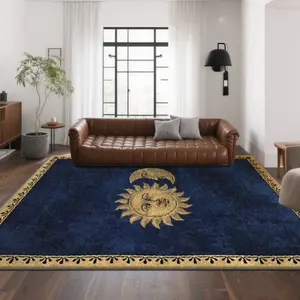 Velvet Soft Comfort Blue Gold Moon Classic Pattern Print Rug, Home Decor Carpet, Living Room Large Mat, Sofa Pad, Bedroom Bedside Blanket