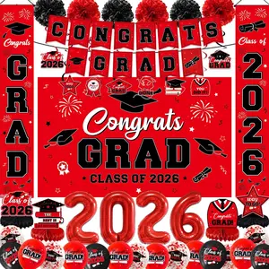 Graduation Decorations 2026 Congrats Grad Decor Kit with Banner Backdrop Door Banners 2026 Foil Balloons Pom Poms & Swirls Class of 2026 Party Supplies Red