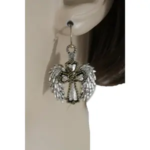 TFJ Women Fashion Jewelry Hook Earrings Set Silver Metal Angel Wings Gold Cross Charm