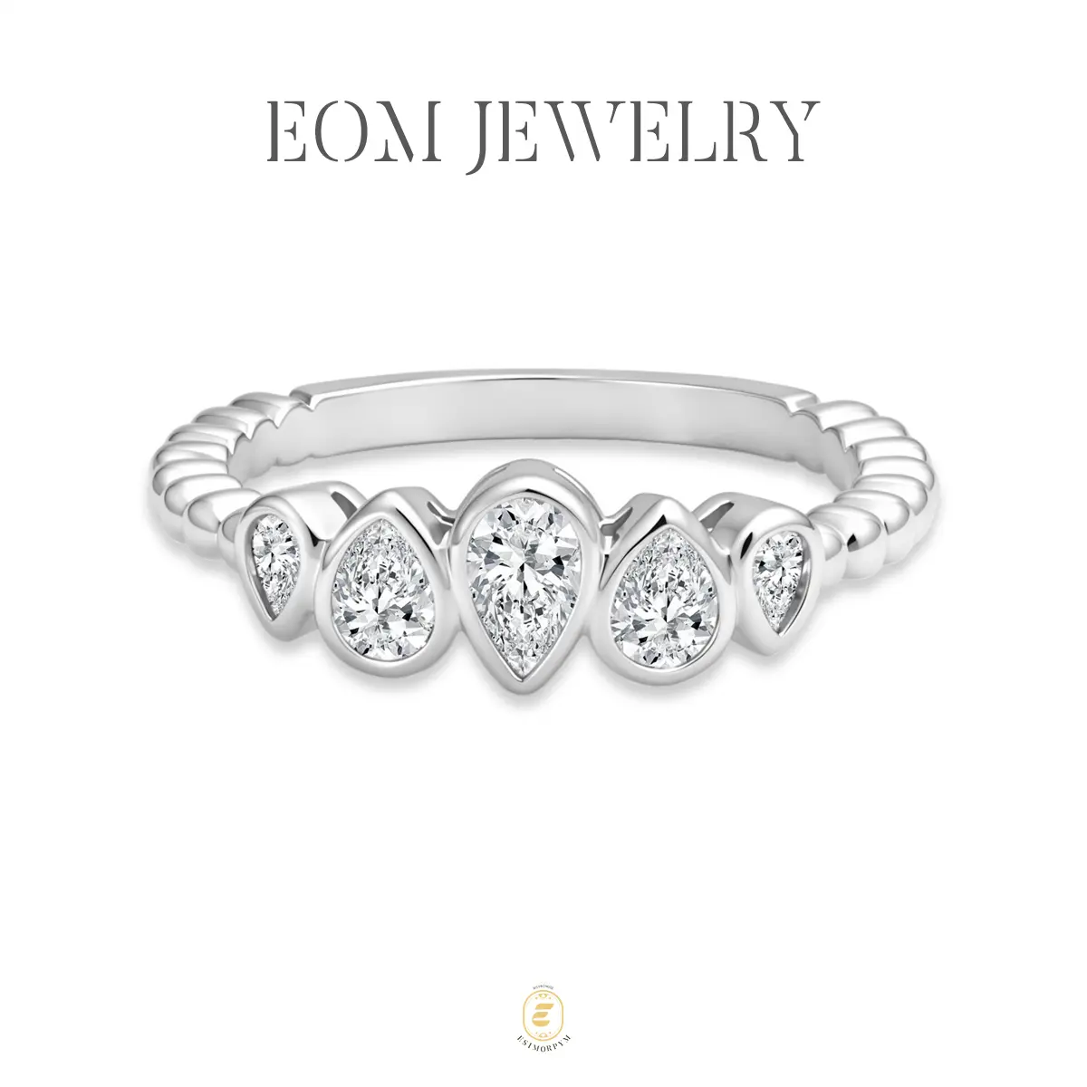 Moissanite 1ct Dewdrop Crown Ring Silver-Plated 5-Stone Pear Cut Bezel Band Jewelry Wedding Engagement Anniversary Valentine's Day Birthday Gift Daily Wear