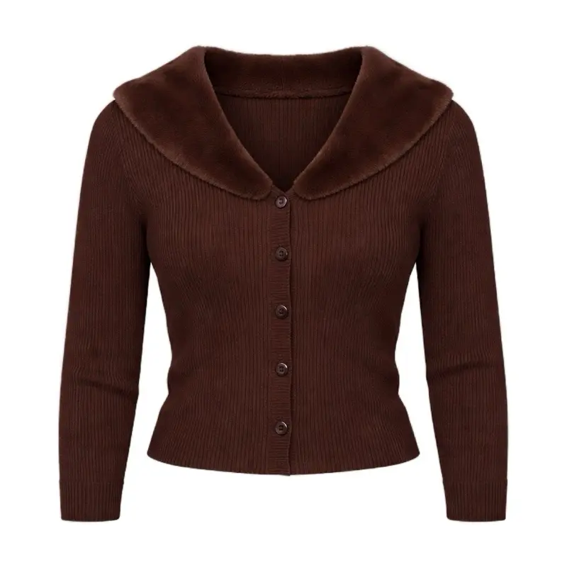 Cropped Brown Button Down Sweater with Fur Trim - Stylish Knitwear for Women