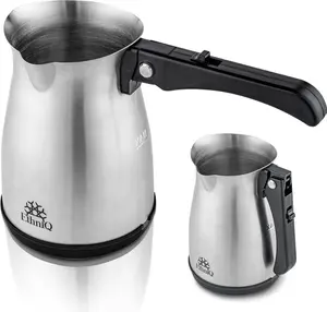 ETHNIQ Stainless Steel Turkish Coffee Pot Coffee Maker - 120V, 1-4 Cup Capacity, Foldable Handle, On-Off Button, Slow Brew for Home & Travel