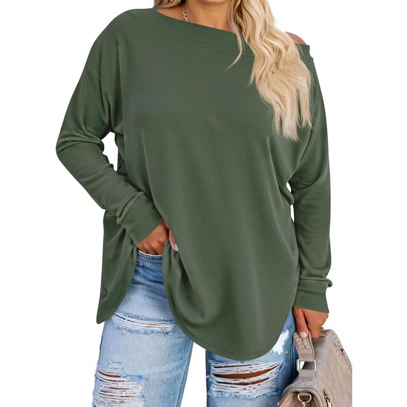 Women's Plus Size Tops Off Shoulder Long Sleeve Loose T Shirts Casual Curved Hem Tunics Tee Shirt