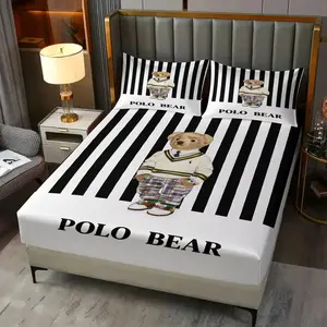 Polo Bear Fitted Sheet Set, 3-Piece Bed Sheets Set (1 Fitted Sheet + 2 Pillowcases) Soft Microfiber Bedding,  Stripe Design – Perfect Gift for Preppy Style Lovers