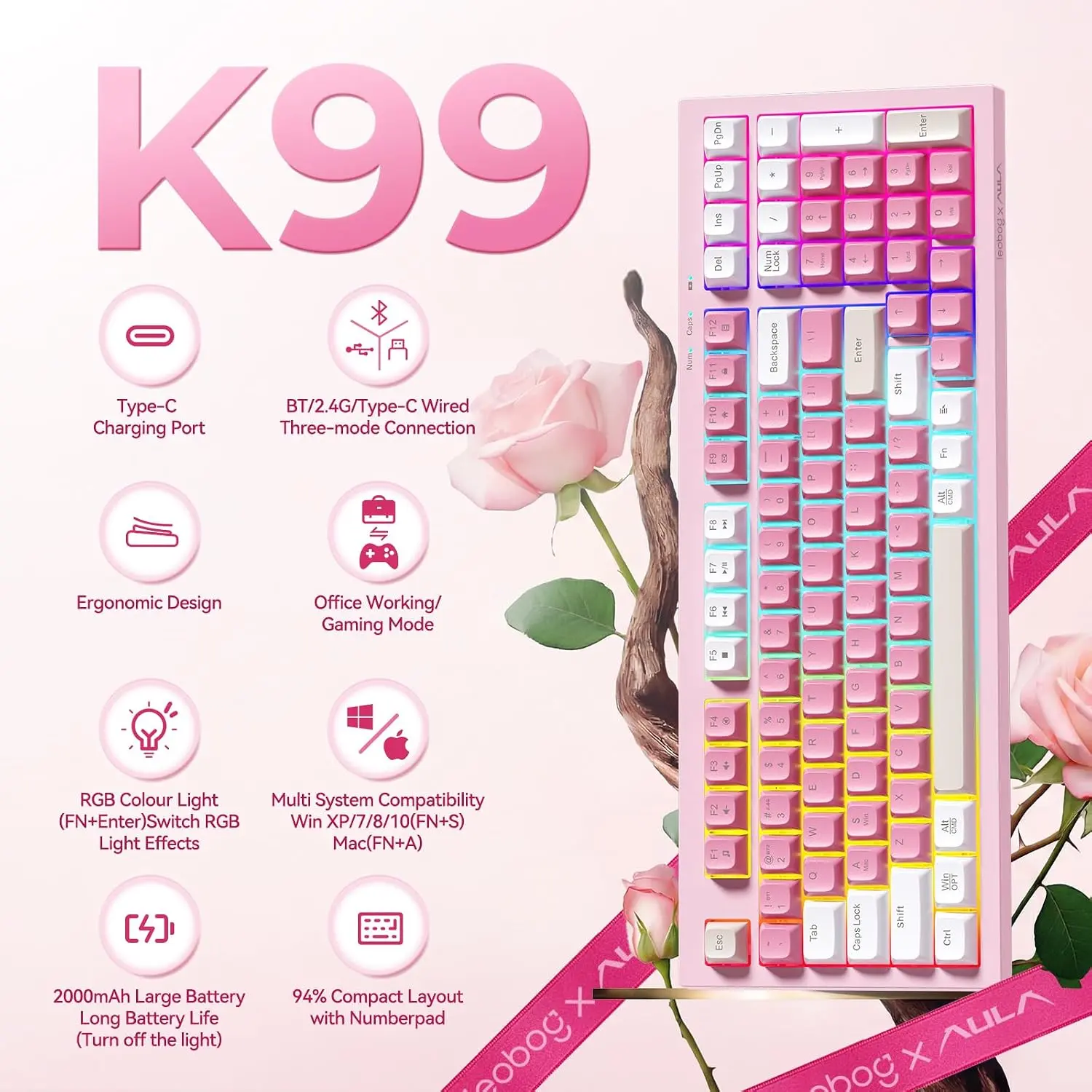 Pink Keyboard Wireless Creamy Computer Gaming Keyboards | Silent Membrane Keyboard, 98 Keys 2000mAh Quiet Creamy Keyboard with Number Pad, Rechargeable, for PC Mac Office Dorm Rooms