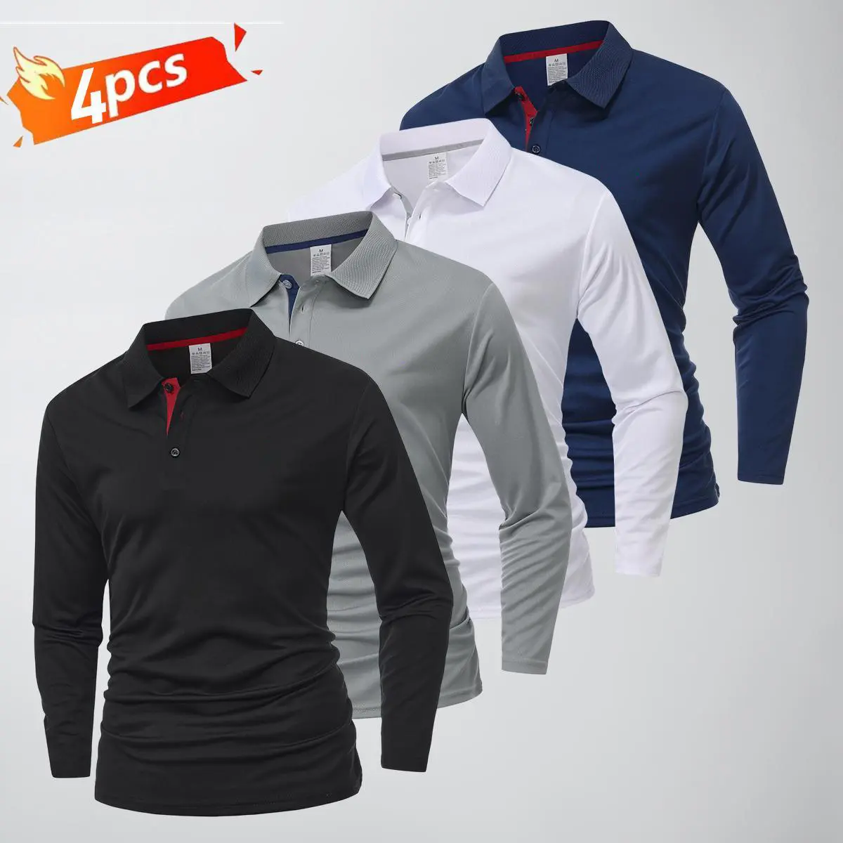 JOGWAVE Men’s Classic Long Sleeve Polo Shirts (Set of 4) - Contrast Collar, Button Front, Solid Colors, Fashionable Prints, Stretchable, Quick Dry, High-Performance for Golf, Outdoor Work Tops