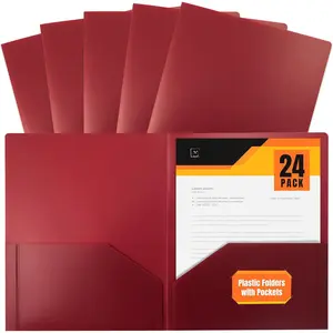 Heavyweight Burgundy Plastic 2 Pocket Portfolio Folder, Letter Size Poly Folders, 24 Pack, Burgundy Red
