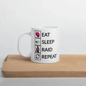 Eat Sleep Raid Repeat Mug, Gaming Routine Icon Design, Raid Mode Graphic Shirt for ARC Gamers & FPS Players, Gift for Raid Lovers or Late Night Gamers