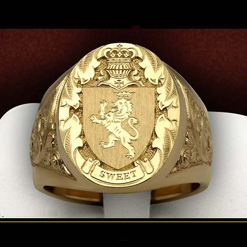Men's Animal Theme Totem Ring, Crown Lion Shield Badge Design, Seal Face Adds Retro Weight, Artificial Gemstone Jewelry for Daily Wear & Gifting, Animal Theme Ring