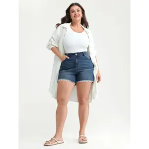 BLOOMCHIC Women's Plus Size Stretchy Skinny-Fit Lace Trim Cotton-Spun Denim Shorts with Spandex Fabric & Pocket, M-6X 2026 Summer Turn-Up Clothes for Mother's Day Blue Womenswear 2026 Summer Vibes