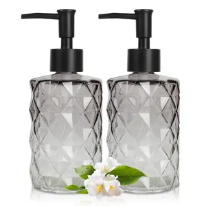 Black Gradient Glass Soap Dispenser Set - 12 oz, 2-Pack Refillable Dispensers for Hand Soap and Dish Soap in Kitchen, Bathroom, Shower.