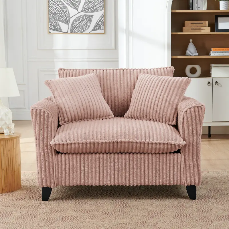 Oversized Living Room Accent Chair, Lazy Sofa Chair, Corduroy Lounge Chair, 47-Inch Plush Upholstered Armchair with Wide Cloud Cushion, Comfy Single Sofa Chair with Armrests & 2 Pillows for Living Room, Bedroom, Apartment, Pink