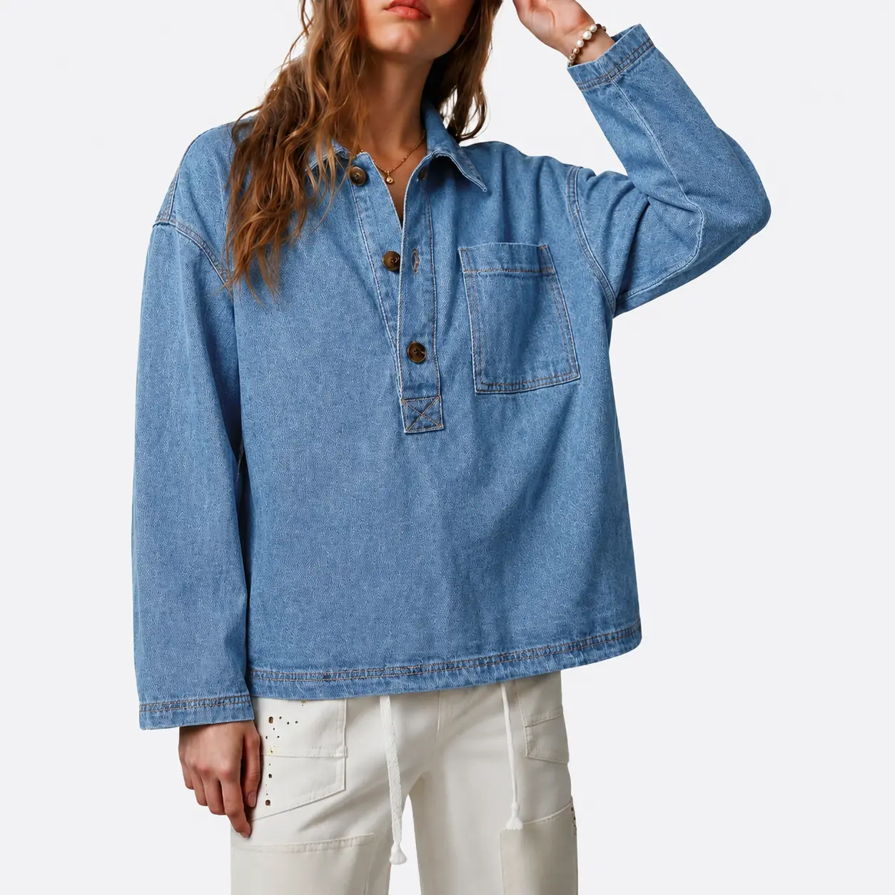 Flowyair Womens Denim Tops Long Sleeve Casual Button Up V Neck Jean Shirts Trendy Loose Fit Pullover Blouses