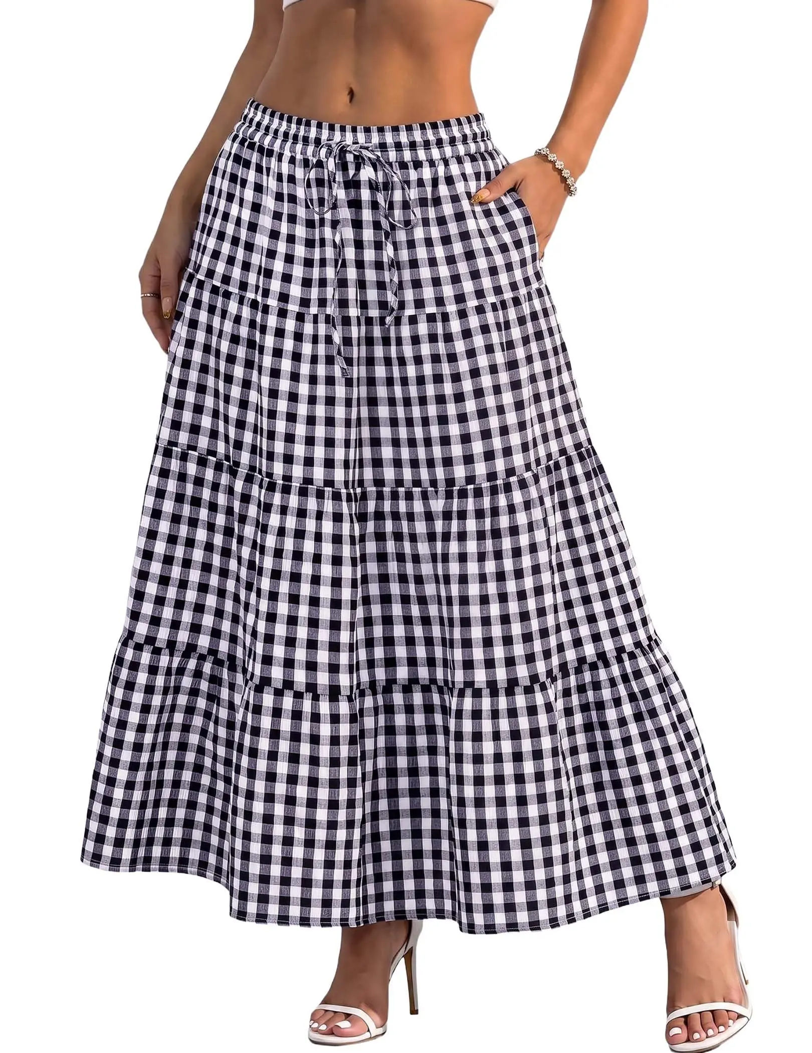 Womens Plaid Gingham Midi Skirt with Pockets High Waisted Long Skirt | Ruffle, Elastic Waistband, A-line, Vintage, Spring, Summer, Fall, Boho, Flowy, Winter, Vacation