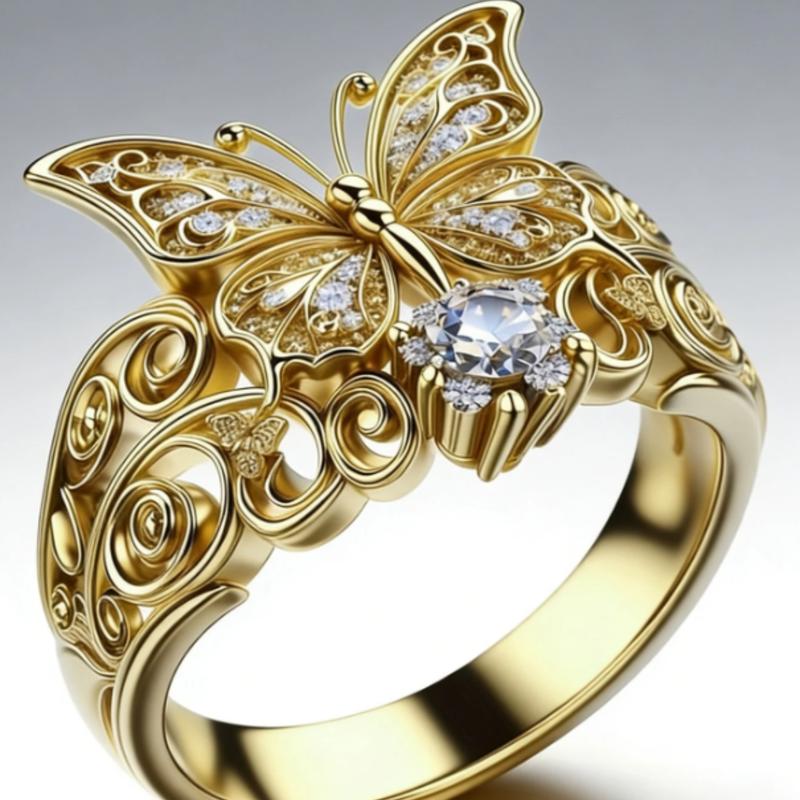An elegant, classic 14k gold-plated ring with a butterfly design, adorned with sparkling Zirconia stones, suitable for weddings, engagements, everyday wear, gifts, and parties.