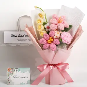 Crochet Flower Bouquet With Greeting Card And Gift Bag, Handmade Artificial Knitted Rose And Tulip in Light Blue, Warm Faux Flowers Bouquet For Mother's Day, Wedding, Birthdays, Valentine's Day