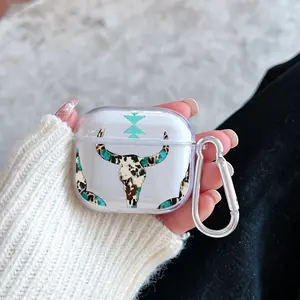 Bohemian Skull Harmony Pattern TPU Soft Protective Case for Apple AirPods 4/3/2/1/Pro/Pro2 Transparent Earphone Cover with Keychain Attachment