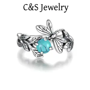 S925 sterling silver adjustable dragonfly turquoise women's ring, insect branch opening ring jewelry gift