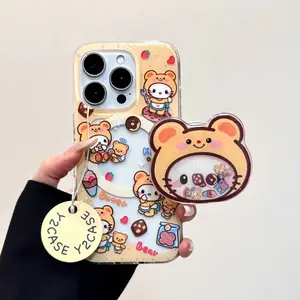 Cartoon bear head cover with magnetic attachment suitable for Apple 16 Pro Max phone case iPhone 17/15 soft 13/14 for women