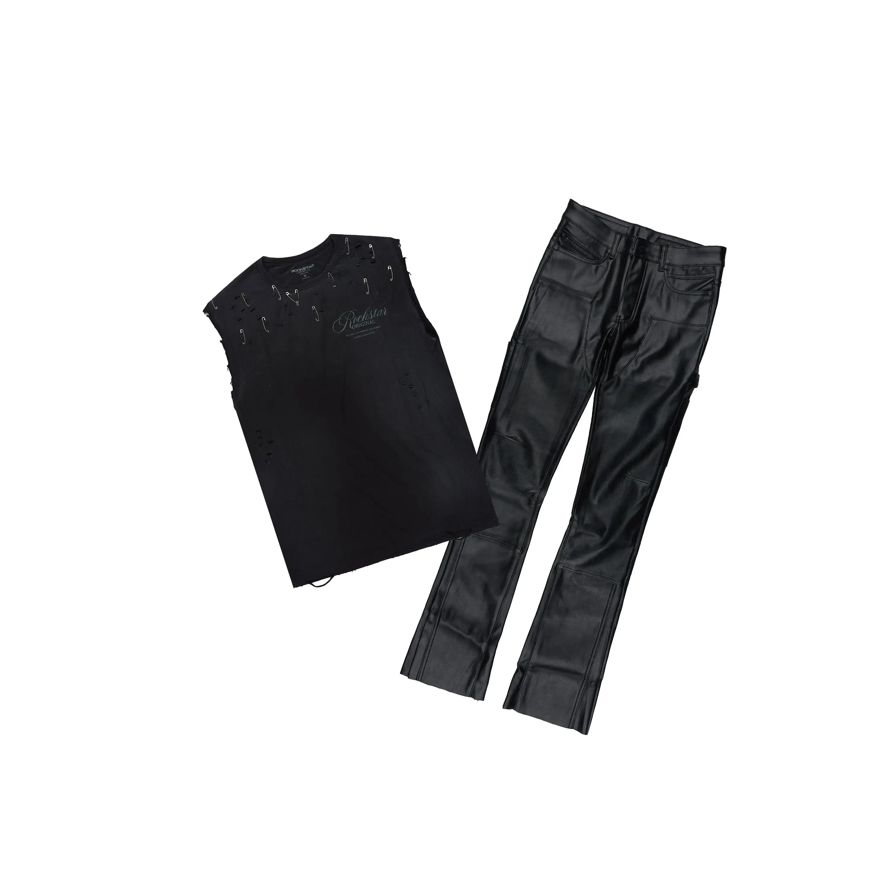 Yozi Black Cut Sleeve T-Shirt & Quatz Leather Stacked Flare Jean