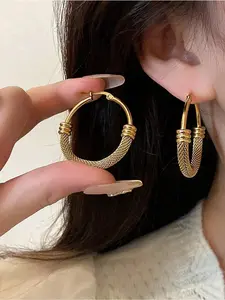 French Vintage Stainless Steel Woven Net Round Earrings, Minimalist Elegant Metal Earings for Women, Daily Commute Versatile Jewelry
