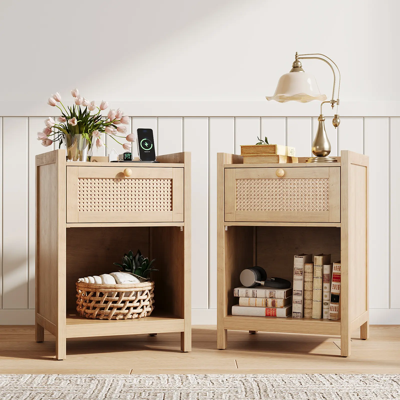 LGHM 2-Piece Oak Nightstand Set with Charging Ports, Farmhouse Bedside Table with Drawer, Boho Vibe Side Table with Leg Pads & Pre-Drilled Kit for Bedroom, Living Room