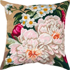 Peonies. Needlepoint Kit. Throw Pillow 16x16 Inches. Printed Tapestry Canvas, European Quality