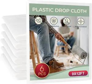 Plastic Drop Cloth 12x9 Ft 6-Pack Disposable Painter's Sheeting Tarps for Painting Waterproof Furniture Couch Floor Protection Multi-Surface Ultra-Lightweight Mess-Free