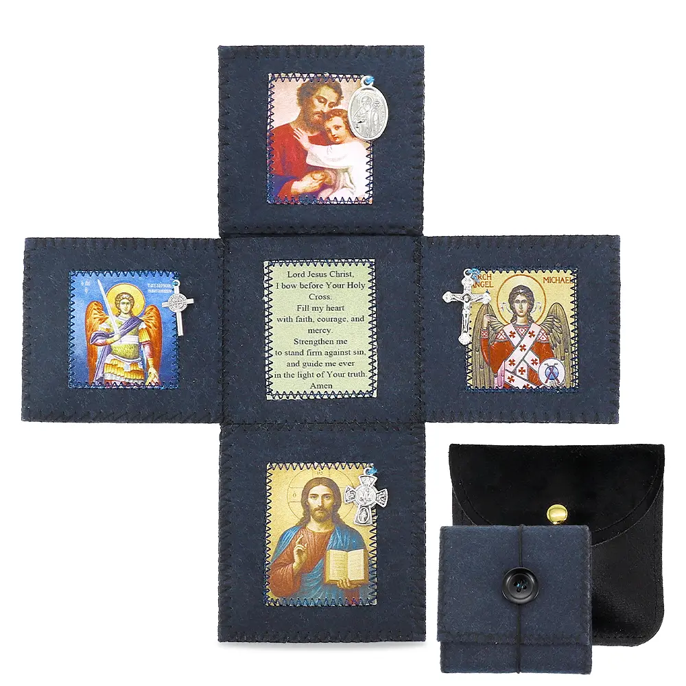 Navy Blue Felt Religious Pocket Shrine - St. Michael Travel Altar, Handmade Rosary Pouch with Hidden Compartment, St. Symbols Spiritual Protection Catholic Confirmation Gift, 8.5Cm, Rosary Pocket
