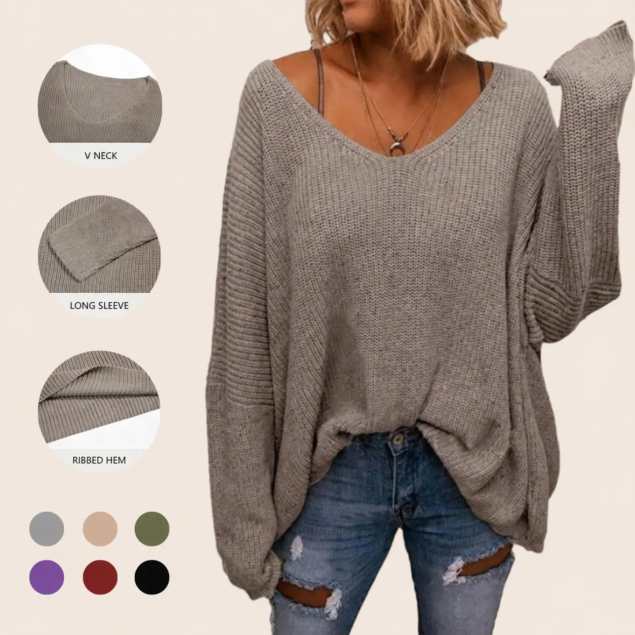 Imily Bela Women's V Neck Long Sleeve Knit Loose Oversized Pullover Sweater Top