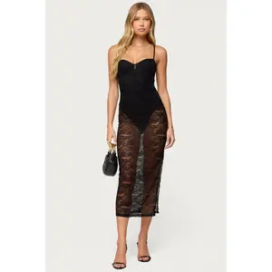 Sheer Lace Built In Bodysuit Midi Dress