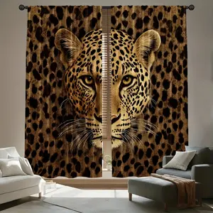2-piece/2D flat-printed creative curtains, made of polyester, featuring leopard print design, suitable for home and office decoration