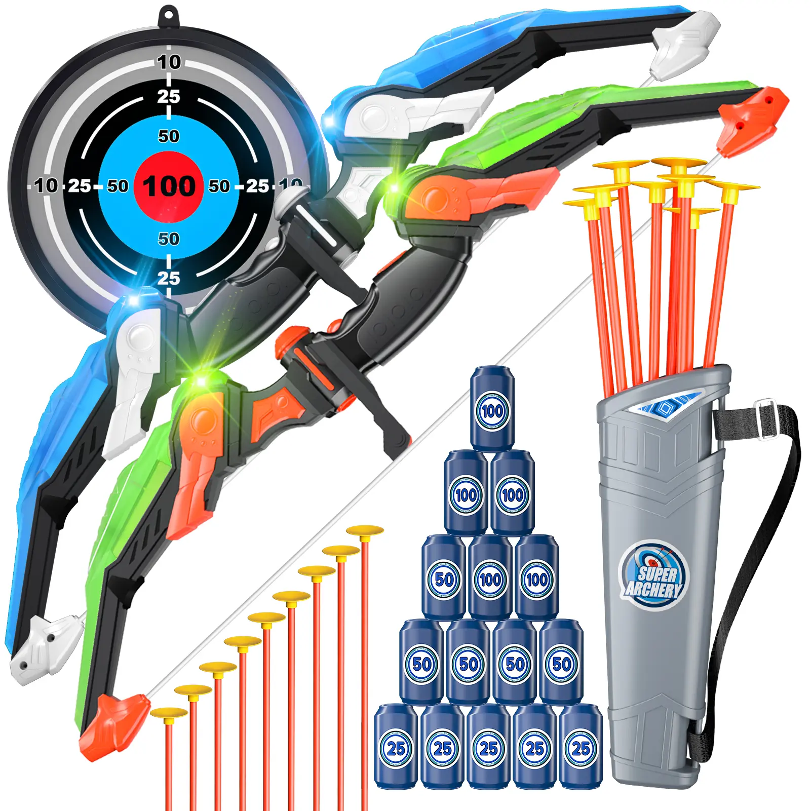 Archery Toy Set for Boys - Light-up LED Bow and Arrow, Target, Quiver - Indoor & Outdoor Sports & Outdoor Play Flying Toy Gift