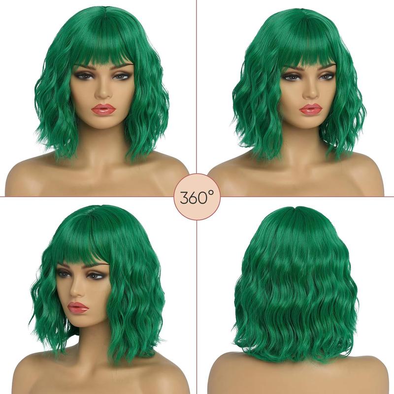 BESTUNG Short Green Wigs for Women Green Wavy Bob Wig with Bangs Medium Length Synthetic Hair Water Wave Dark Roots Wig Gray Colorful Wigs（12inch）