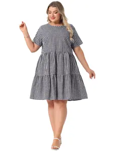 Agnes Orinda Plus Size Women's Gingham Dresses Vintage Plaid Round Neck Short Sleeve Tiered Midi Summer Dress
