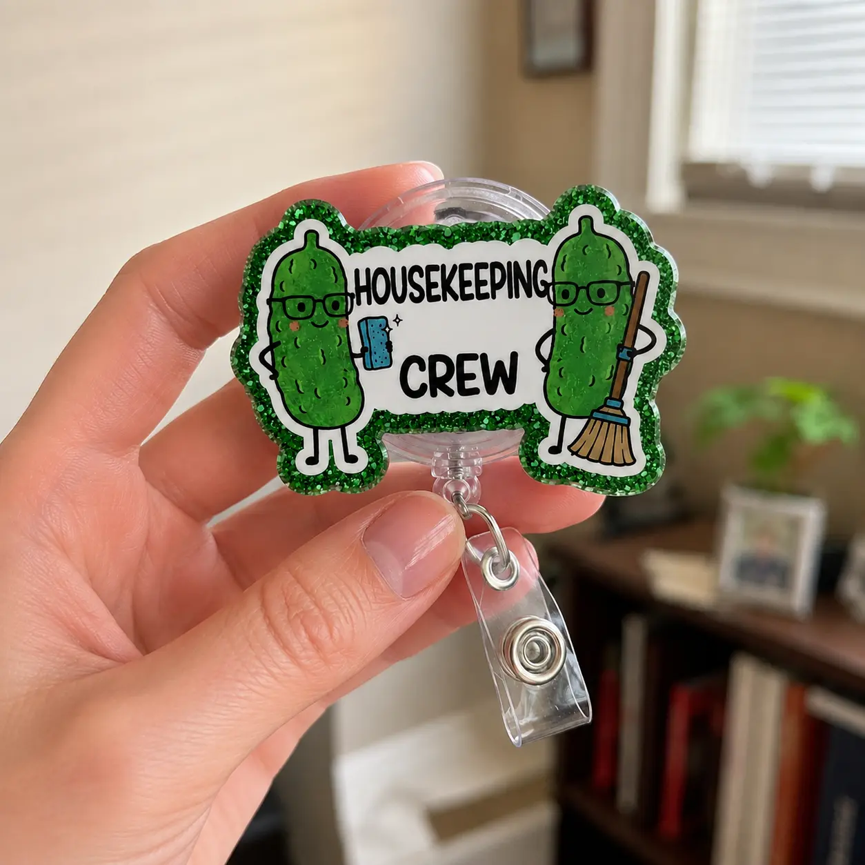 Housekeeping Crew Badge Reel, Green Glitter Pickle Acrylic Retractable Badge Clip for EVS Custodial and Cleaning Staff