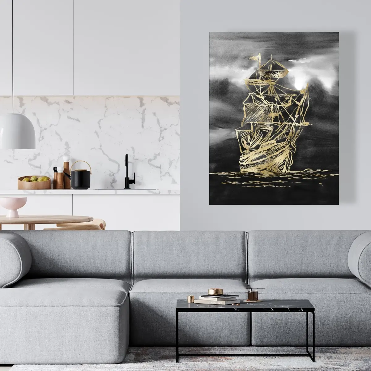 360 Stand Nautical Wall Print Artwork - 36x48 in High-Def Coastal Decor, Artistic Modern Sailing Ship Illustration with Gold Accents, Adventure-Inspired Home Decor for Room Enhancement