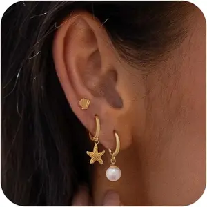 Gold Earrings Set For Women,Summer Starfish Shell Pearl Dangle Earrings Set For Women Trendy Cute Hoop Drop Earring Stack Fashion Beach Jewelry Gifts