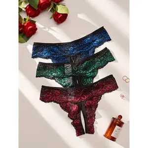 3pcs Plus Size Sexy Briefs, Hot Floral Lace Open Crotch See Through