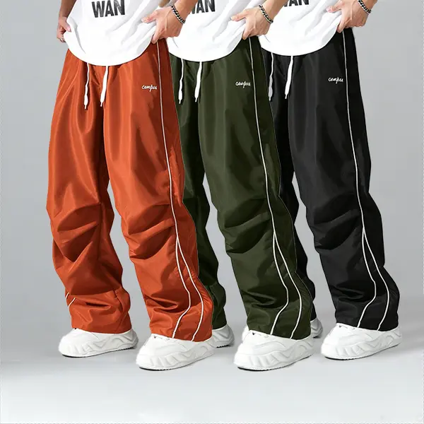 Men’s 3-Pack Long Double-Line Spliced Wide-Leg Parachute Pants - Smooth, Embroidery-Detailed Activewear Menswear with Skin-Friendly, Breathable Fabric for Casual Outings, Commuting
