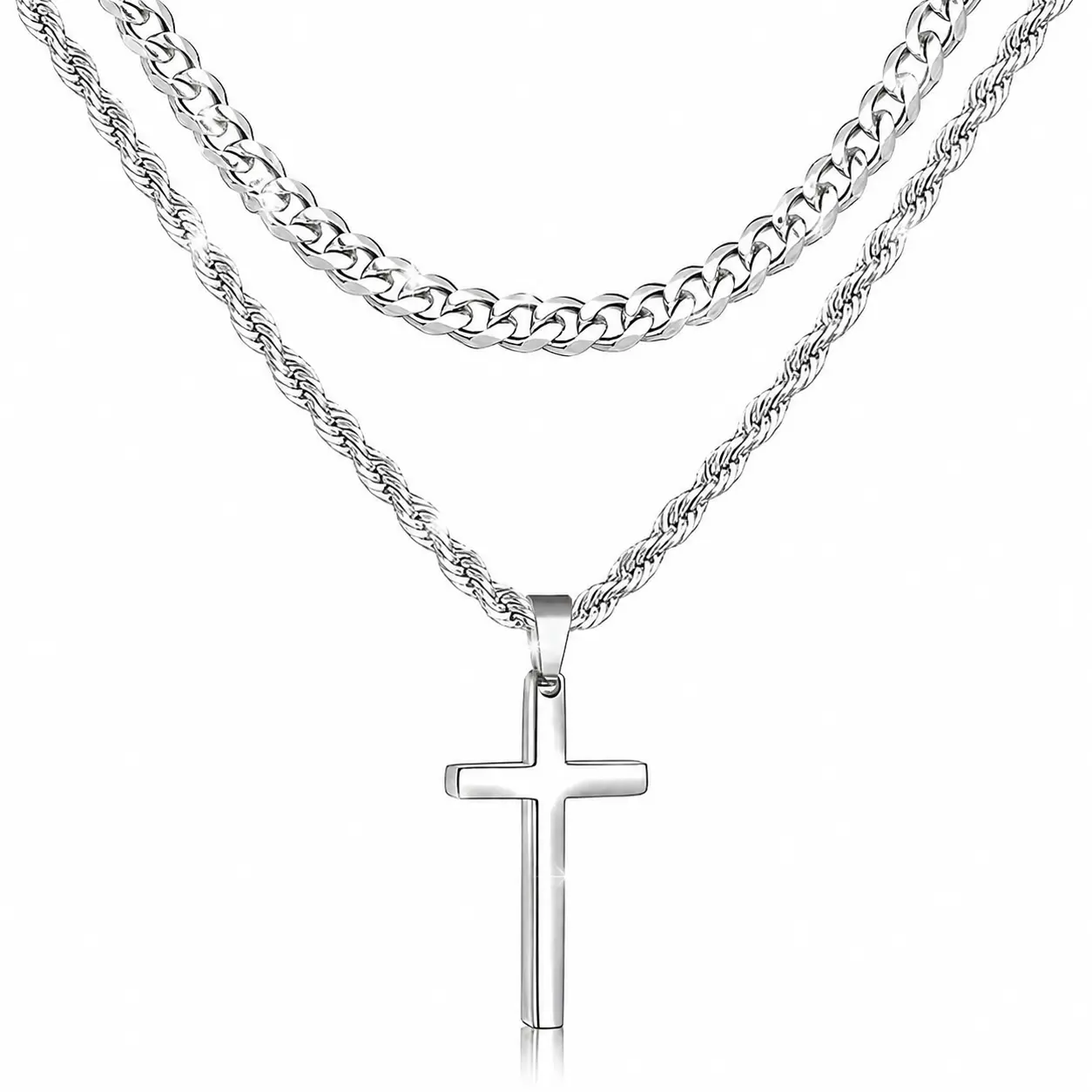 304 Stainless Steel Christian Cross Necklace for Men - Advanced Nanotech Tarnish-Free Cuban Link, Figaro, Rope Miami Chains with Jesus Crucifix Pendant, 19/21in Daily Wear Jewelry Accessory Gift, Father's Day Gift