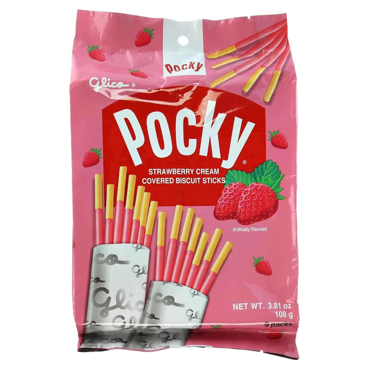 Glico Pocky Strawberry Cream Covered Biscuit Sticks - 9 Bags/Box, 3.81 oz Snack - Cookie, Cooky Crispy