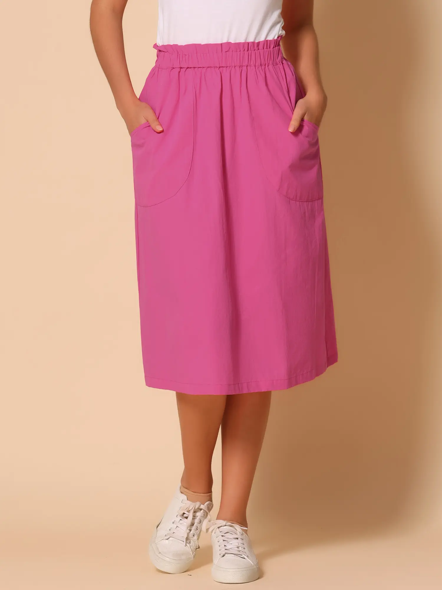 INSPIRE CHIC Women's Casual Cotton Skirt Elastic Waist Scrub Peasant A-Line Midi Skirts with Pockets
