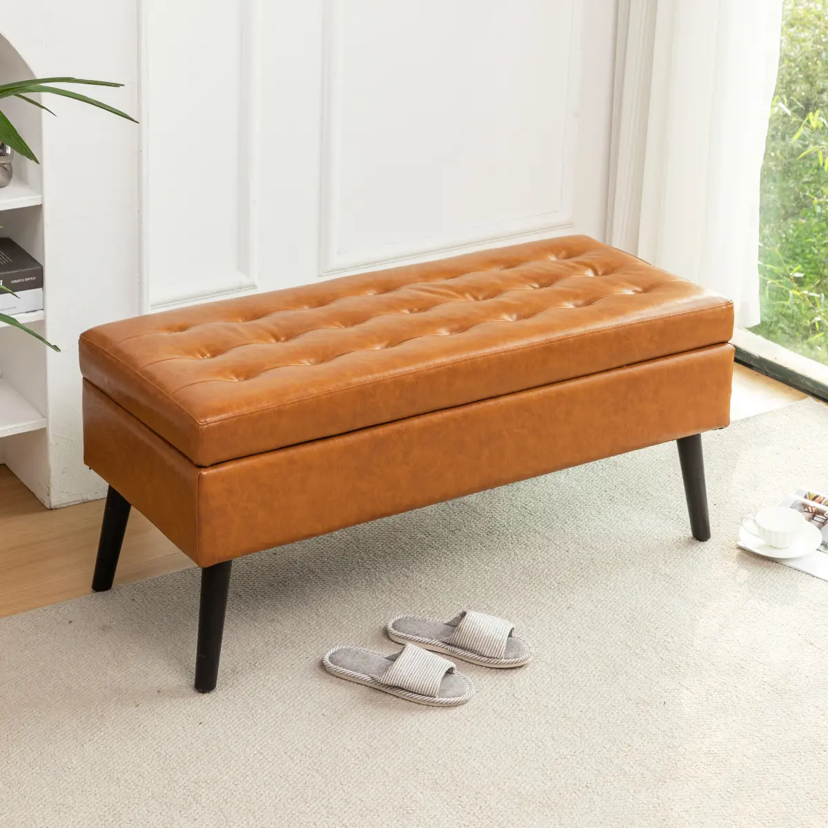 Fahuac Modern Armless Tufted PU Leather Rectangle Storage Ottoman Bench - 43.3x17.7x18.9in, 300lb Capacity, Safety Hinged Lid, Pull-Latch Design, Screws-Included, Easy Assembly, Multi-Functional Indoor Stool for Bedroom, Entryway