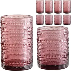 Hobnail Drinking Glasses Set of 8,Purple 12 oz & 15oz Highball Glass Cups, Kitchen Drinkware Glassware,Embossed Water Tumbler,for ,,,Juice and Various Mixed Drinks
