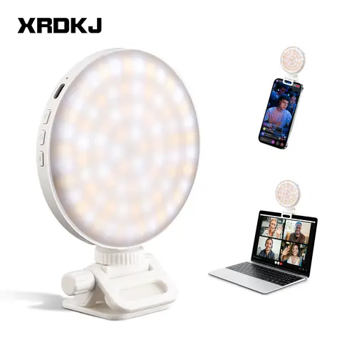 XRDKJ Portable Adjustable Plastic Rechargeable Clip-On Selfie Ring Light - 80 LED Lights, 12-Level Dimming, 360° Rotation, Cool/Warm Lighting, Mobile Phone Accessory for iPhone Smartphones (Makeup, Vlogging)